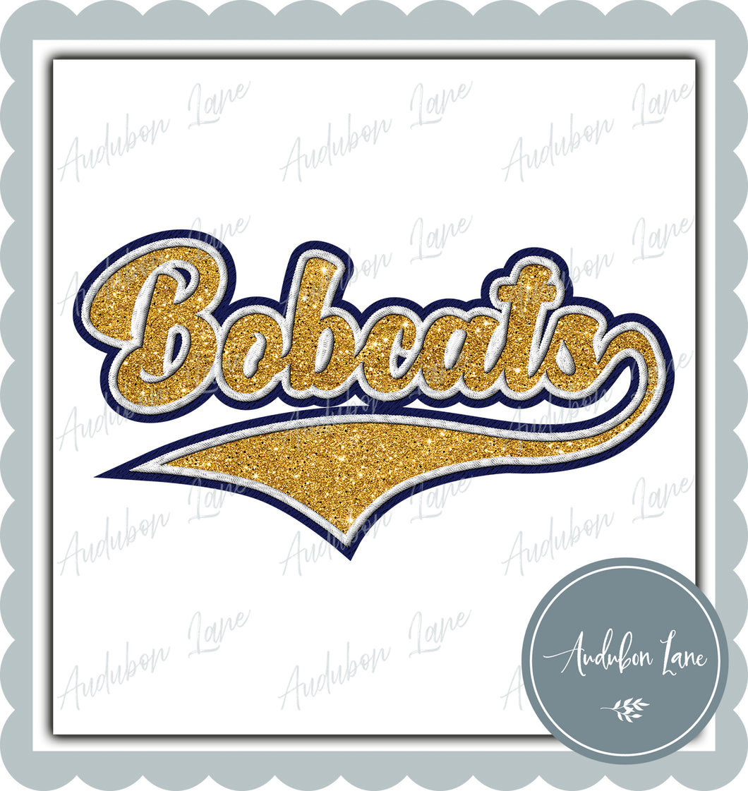Bobcats Faux Embroidery Patch Faux Gold Glitter and White and Navy Ready To Press DTF Transfer Custom Colors Available On Request