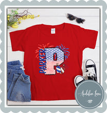 Load image into Gallery viewer, Personalized American Flag Doodle Letter With Name And Fireworks
