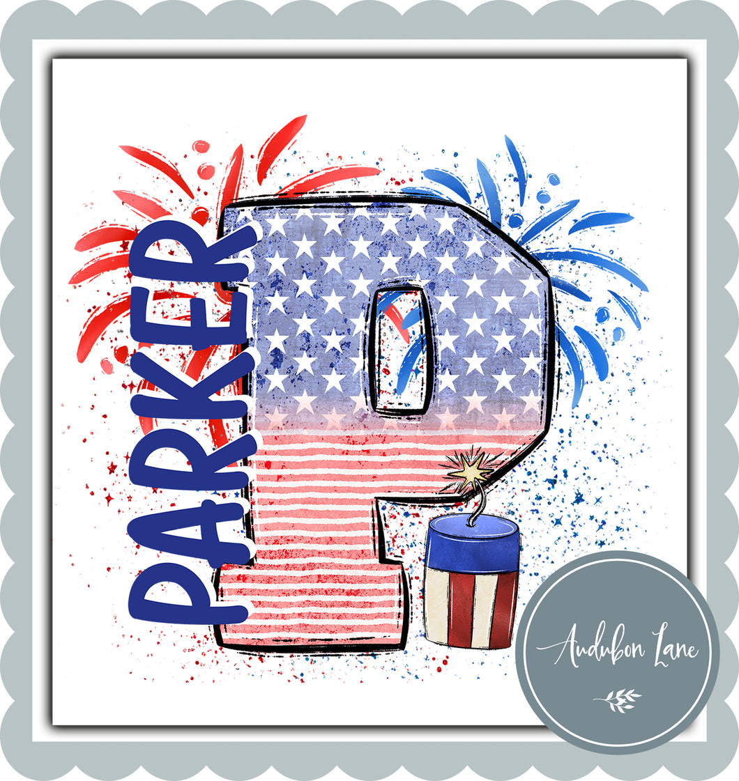 Personalized American Flag Doodle Letter With Name And Firework