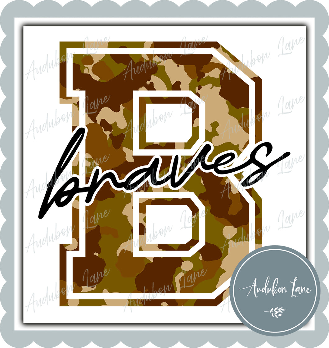 Braves Old School Camo Mascot Letter Ready to Press DTF Transfer Customs Available On Request