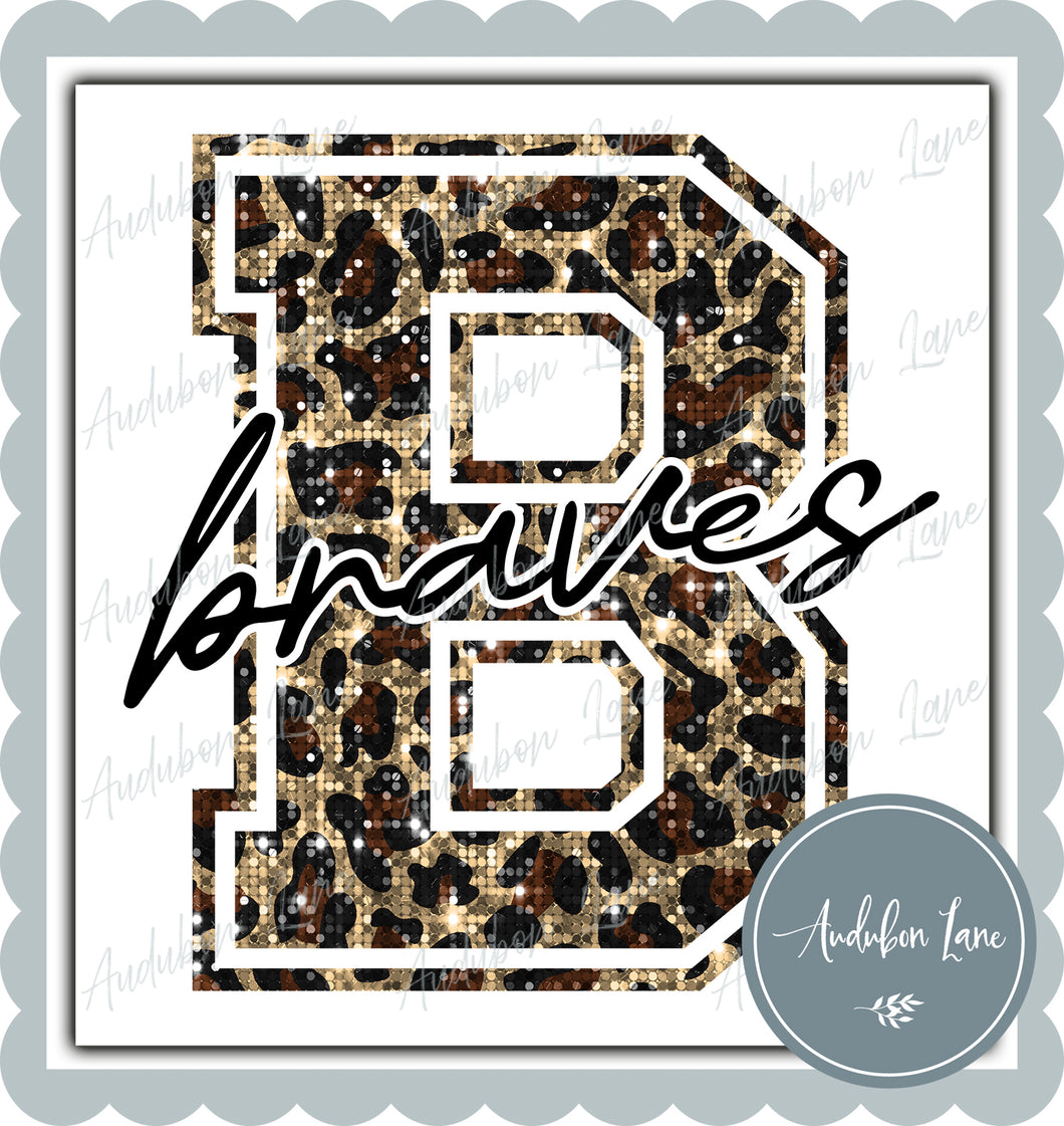Braves Sequin Leopard Mascot Letter Ready to Press DTF Transfer Customs Available On Request