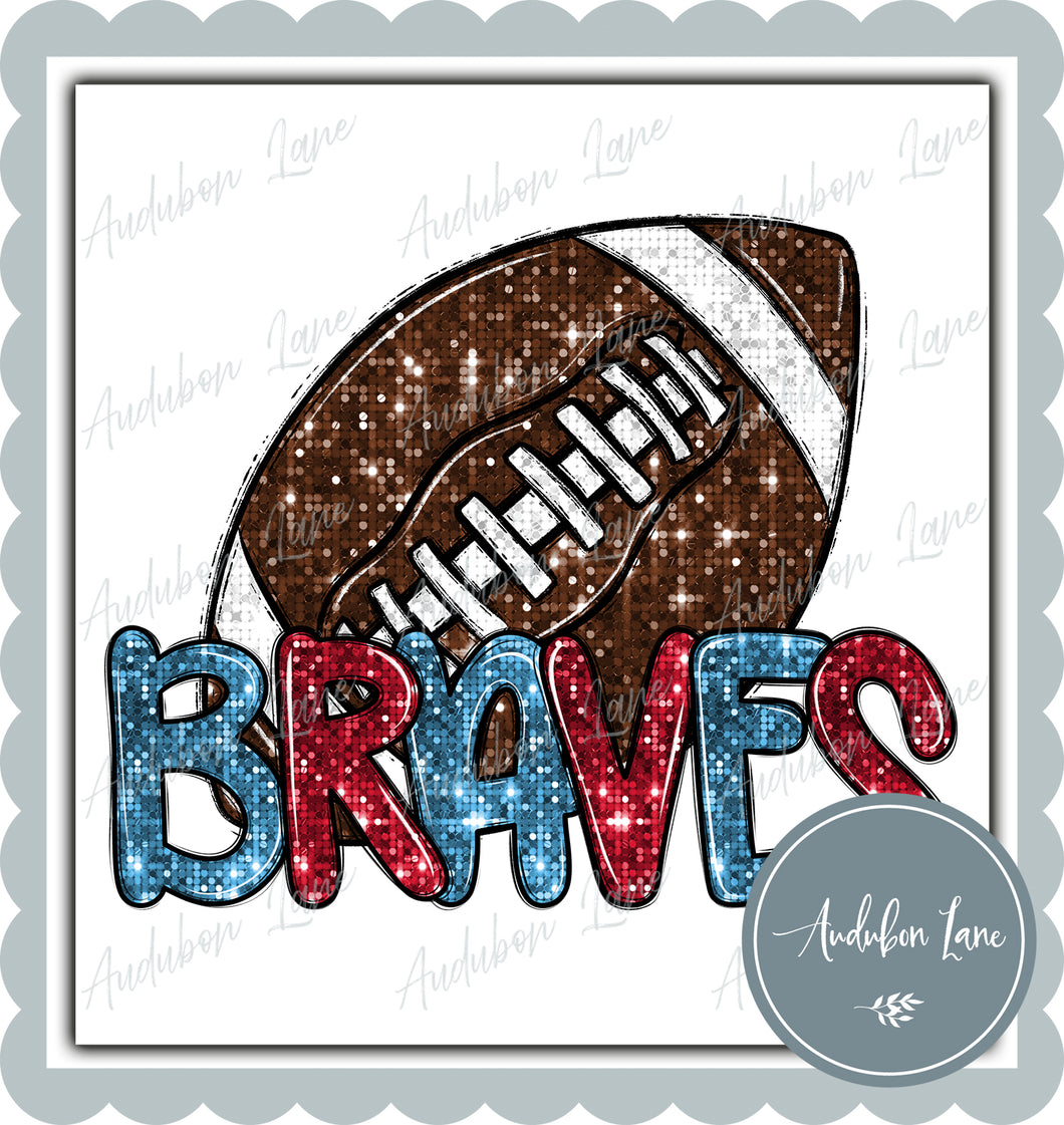 Braves Lt Blue and Red Faux Sequin Football with Mascot Print Ready To Press DTF Transfer Custom Colors Available On Request