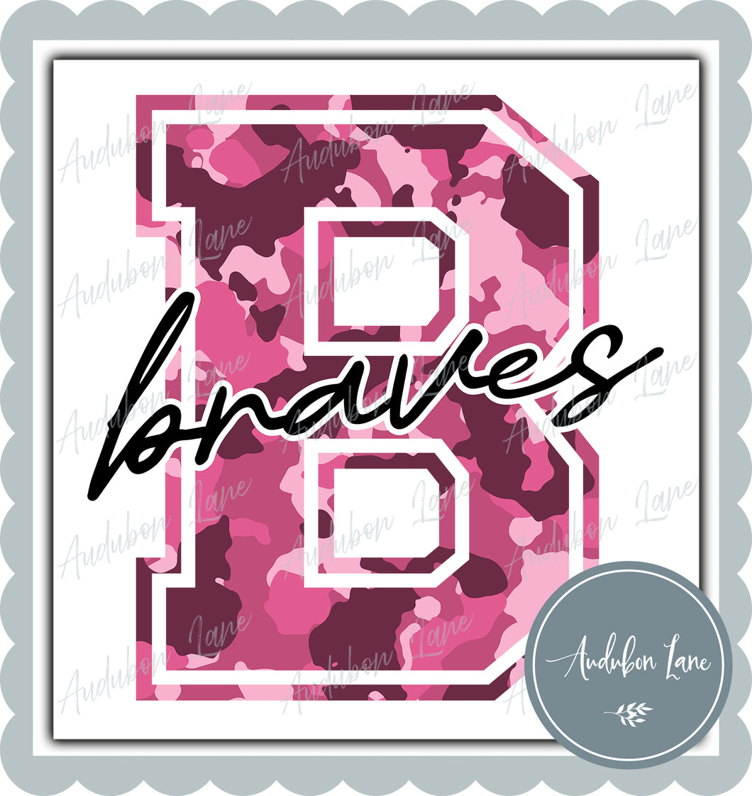 Braves Breast Cancer Awareness Pink Camo Mascot Letter Ready to Press DTF Transfer Customs Available On Request