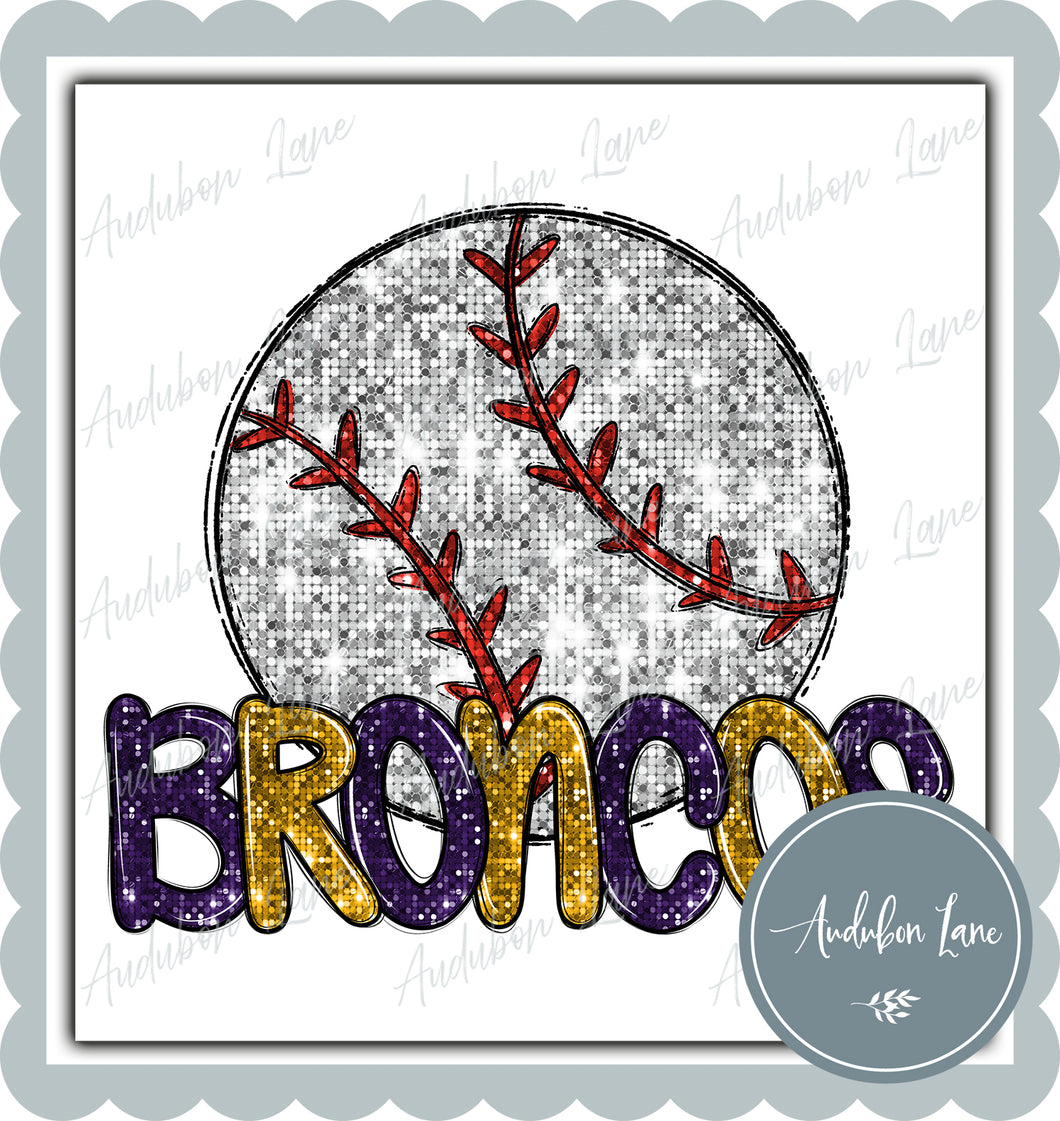 Broncos Purple Gold Faux Sequin Baseball with Mascot Print Ready To Press DTF Transfer Custom Colors Available On Request