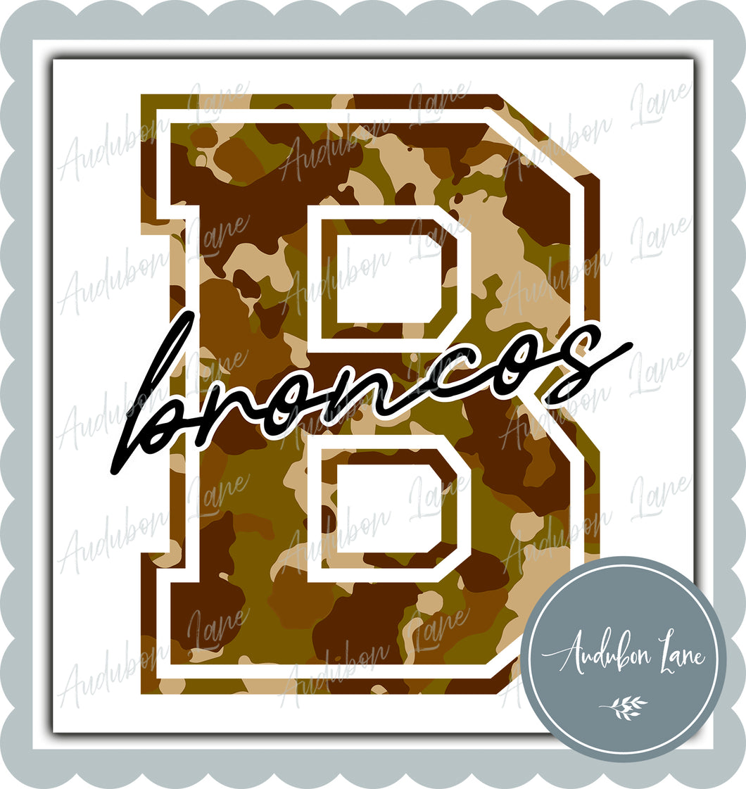 Broncos Old School Camo Mascot Letter Ready to Press DTF Transfer Customs Available On Request