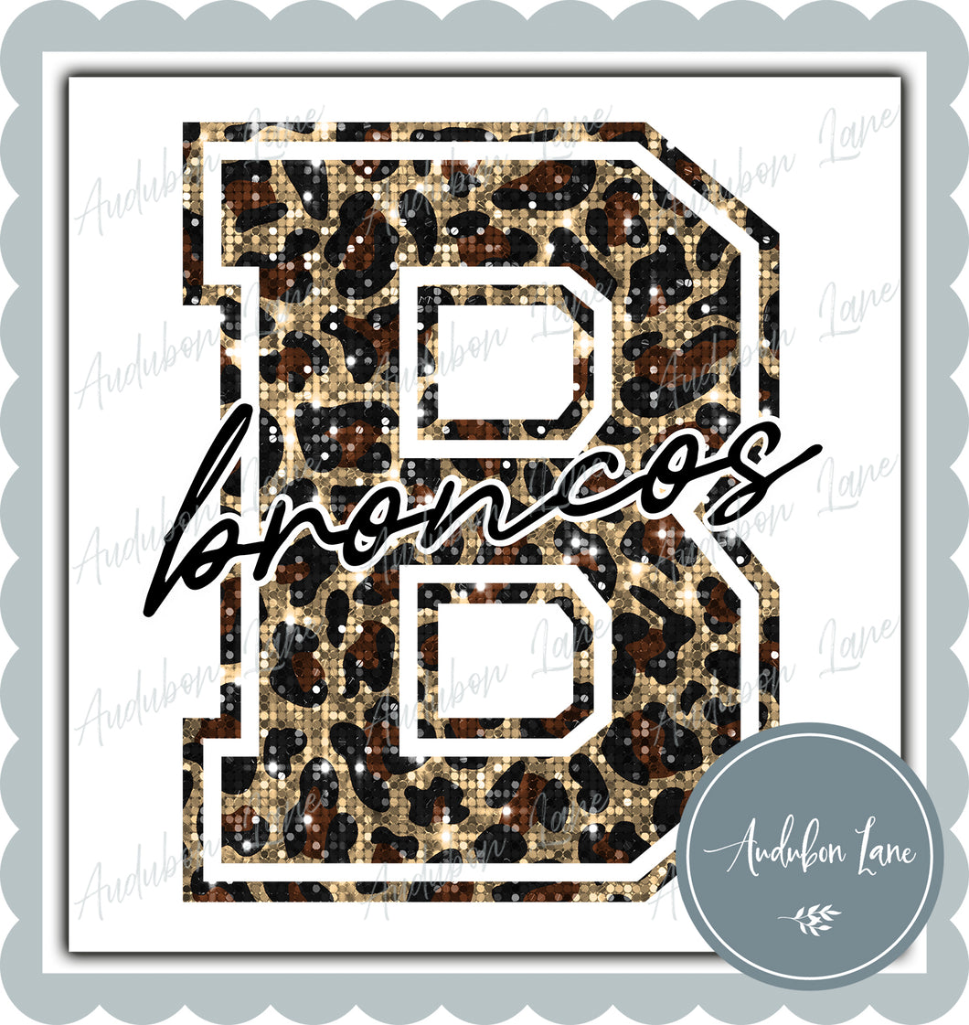 Broncos Sequin Leopard Mascot Letter Ready to Press DTF Transfer Customs Available On Request