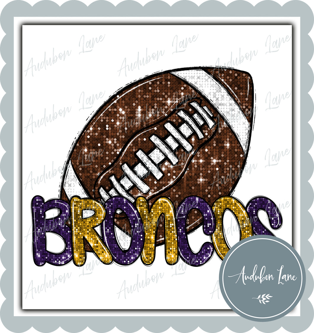 Broncos Purple and Gold Faux Sequin Football with Mascot Print Ready To Press DTF Transfer Custom Colors Available On Request