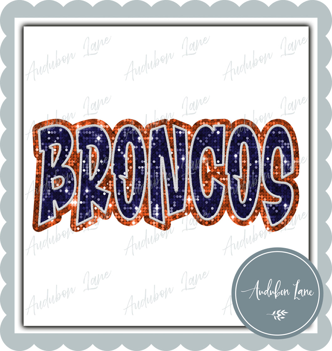 Broncos Graffiti Style Sequin Navy and Orange Mascot Ready to Press DTF Transfer Customs Available On Request