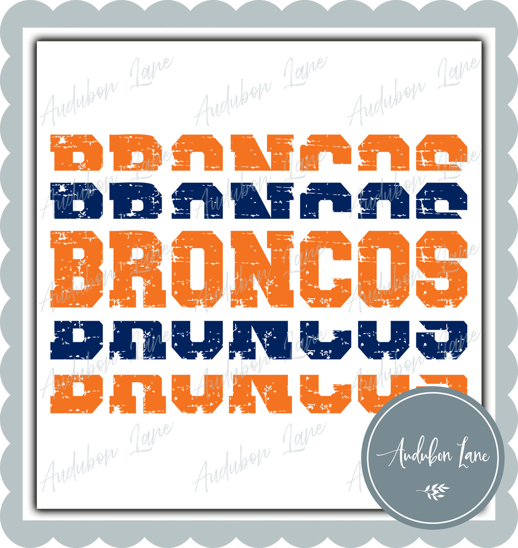 Broncos Stacked Pro Distressed Two Color Orange and Navy Ready To Press DTF Transfer Custom Colors Available On Request