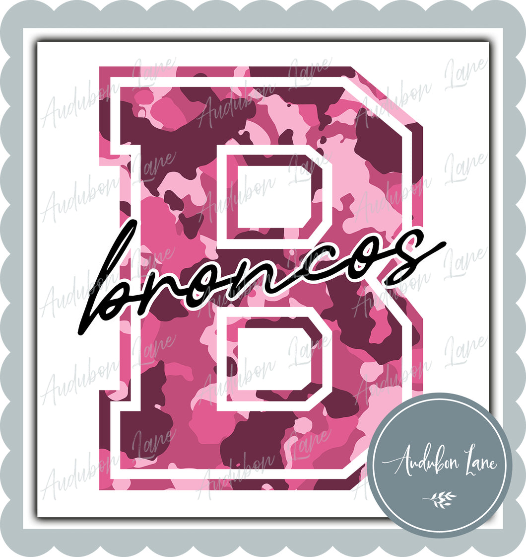 Broncos Breast Cancer Awareness Pink Camo Mascot Letter Ready to Press DTF Transfer Customs Available On Request