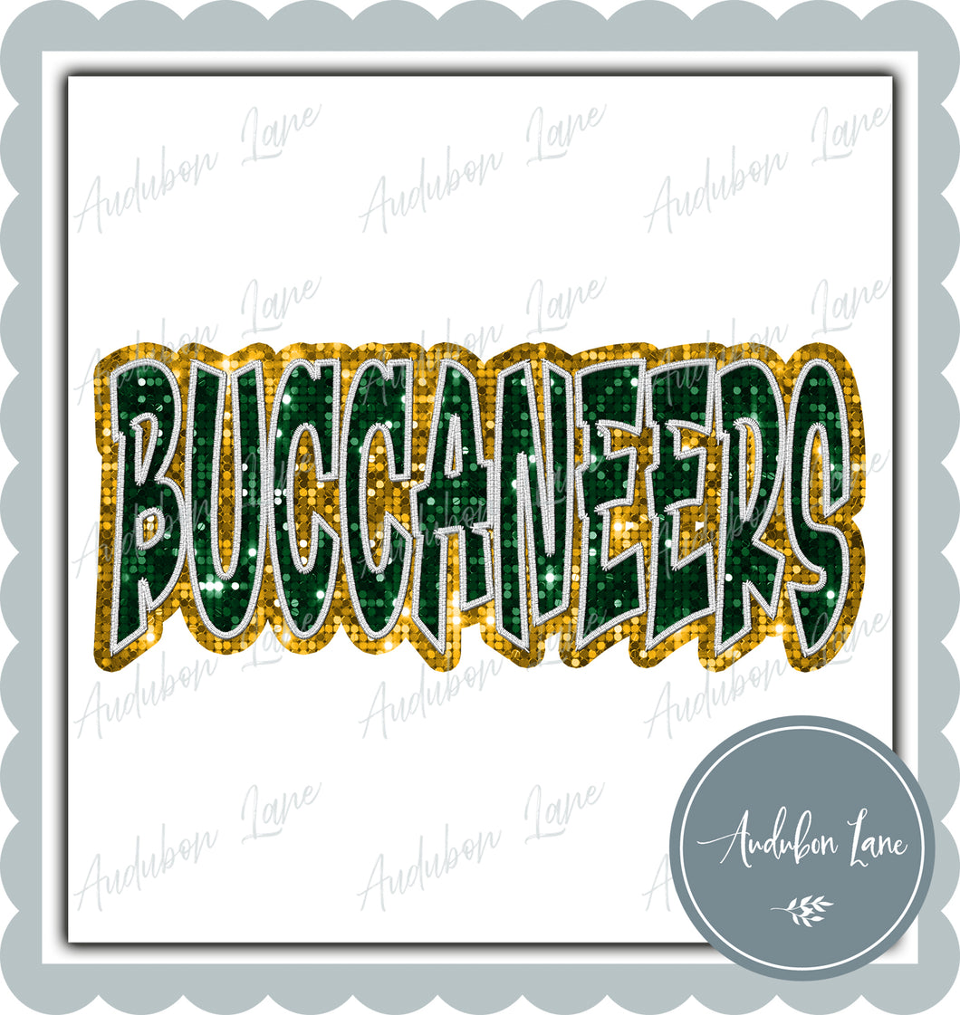 Buccaneers Graffiti Style Sequin Dk Green and Yellow Gold Mascot Ready to Press DTF Transfer Customs Available On Request