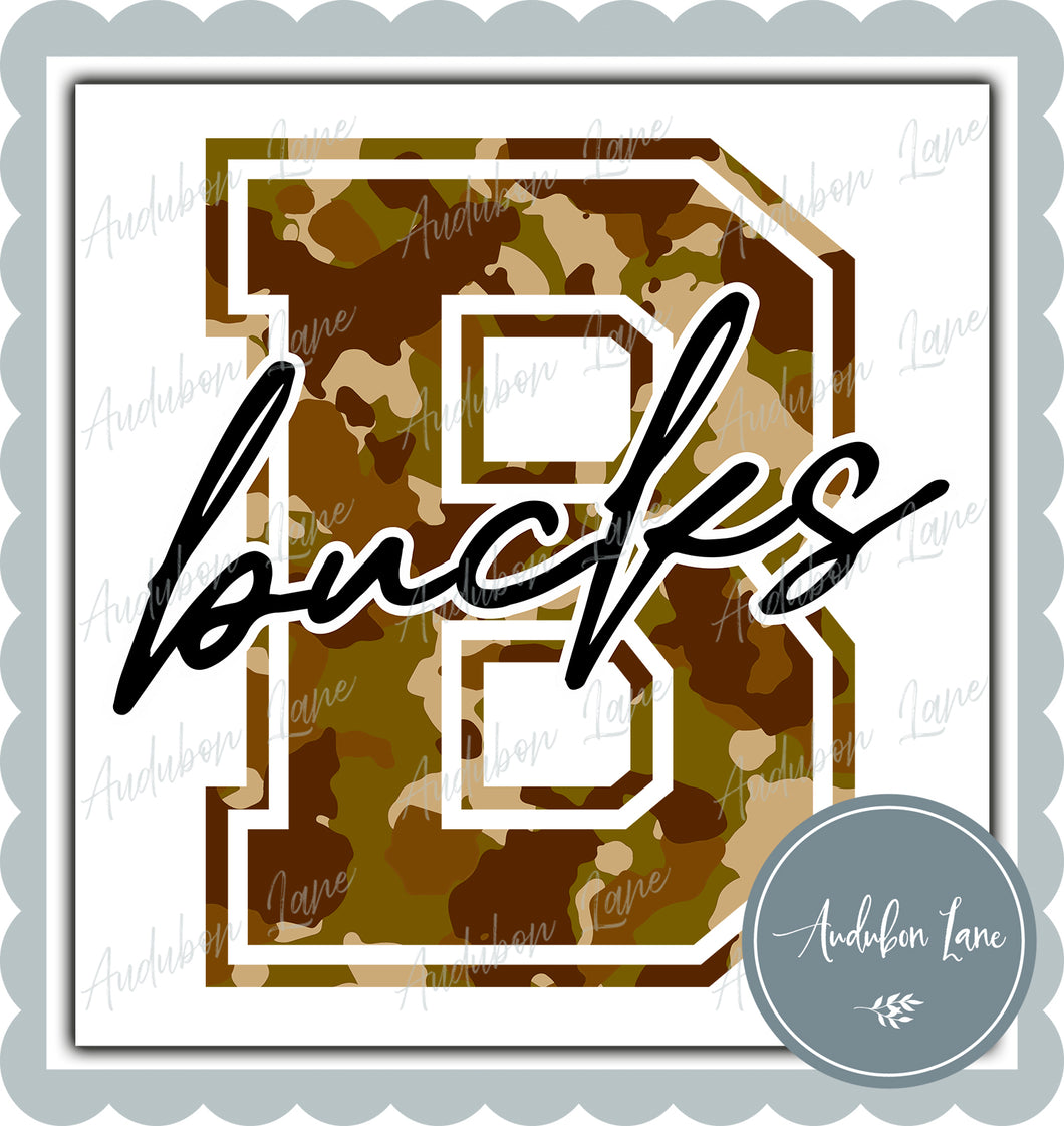 Bucks Old School Camo Mascot Letter Ready to Press DTF Transfer Customs Available On Request