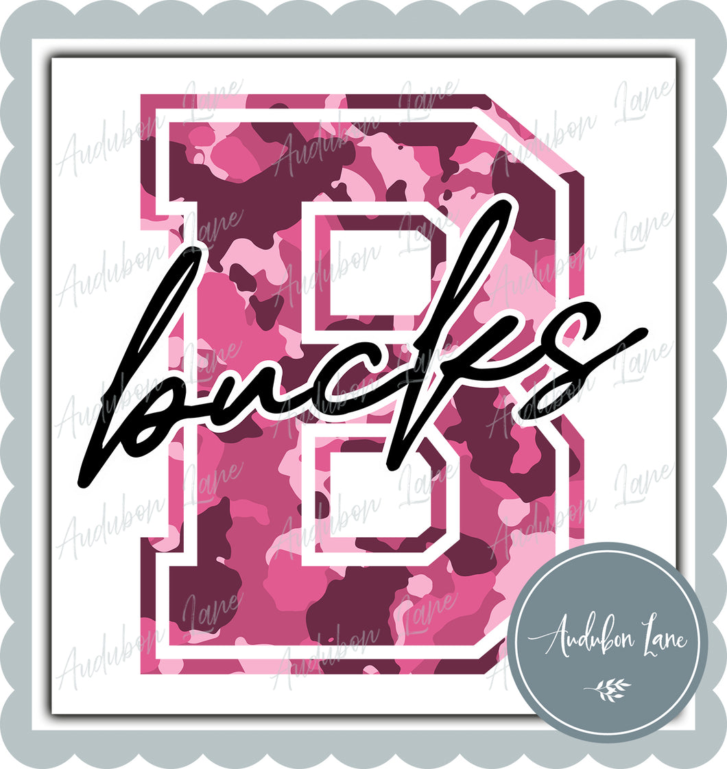 Bucks Breast Cancer Awareness Pink Camo Mascot Letter Ready to Press DTF Transfer Customs Available On Request