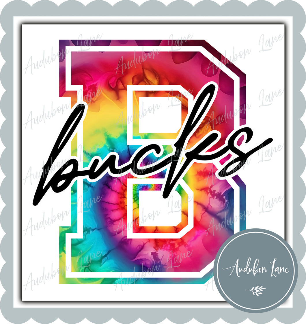 Bucks Rainbow Tie Dye Mascot Letter Ready to Press DTF Transfer Customs Available On Request