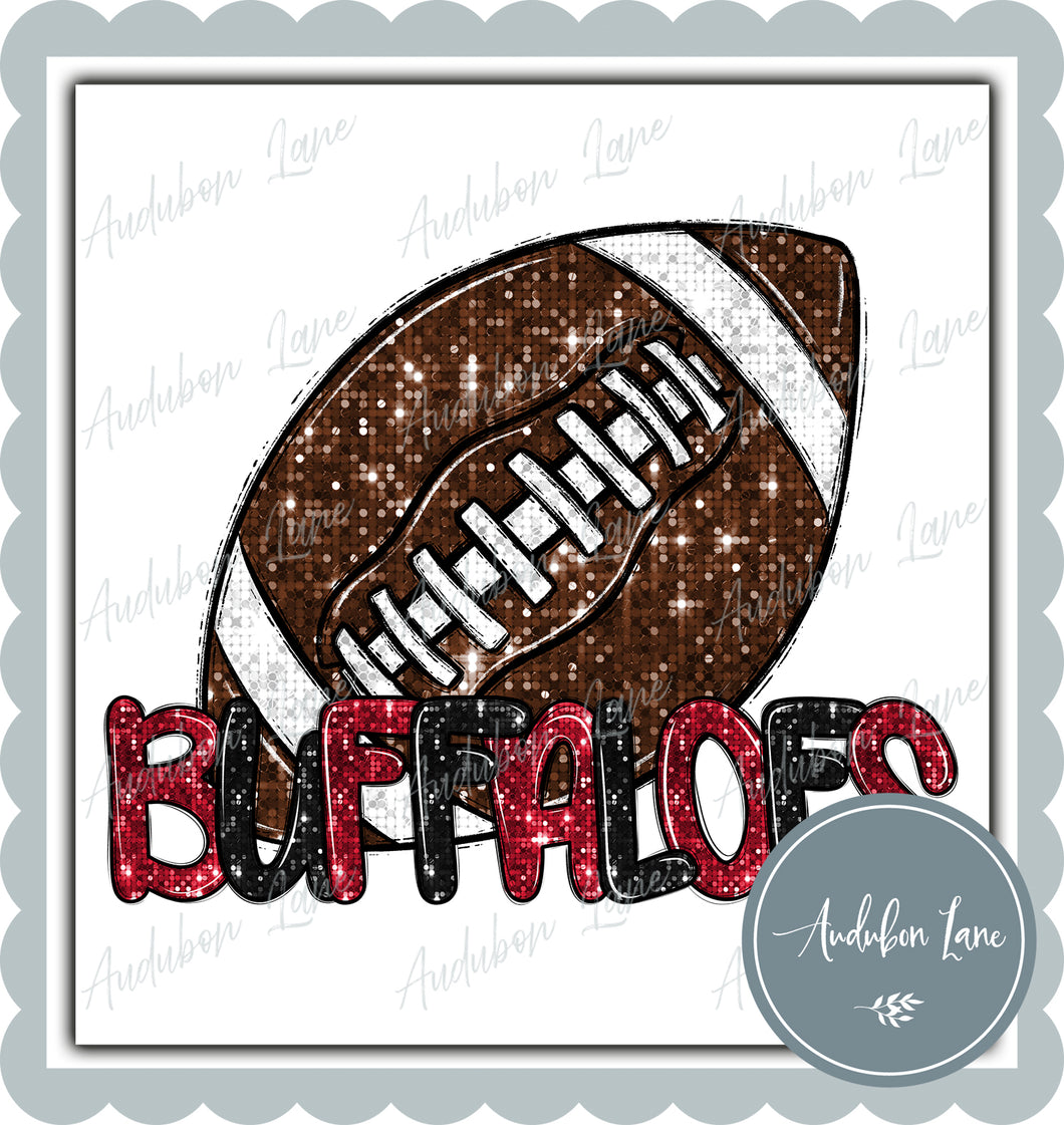 Buffaloes Red and Black Faux Sequin Football with Mascot Print Ready To Press DTF Transfer Custom Colors Available On Request