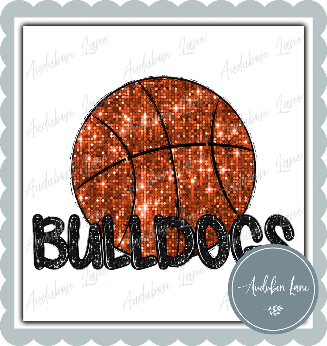 Bulldogs Black Faux Sequin Basketball with Mascot Print Ready To Press DTF Transfer Custom Colors Available On Request