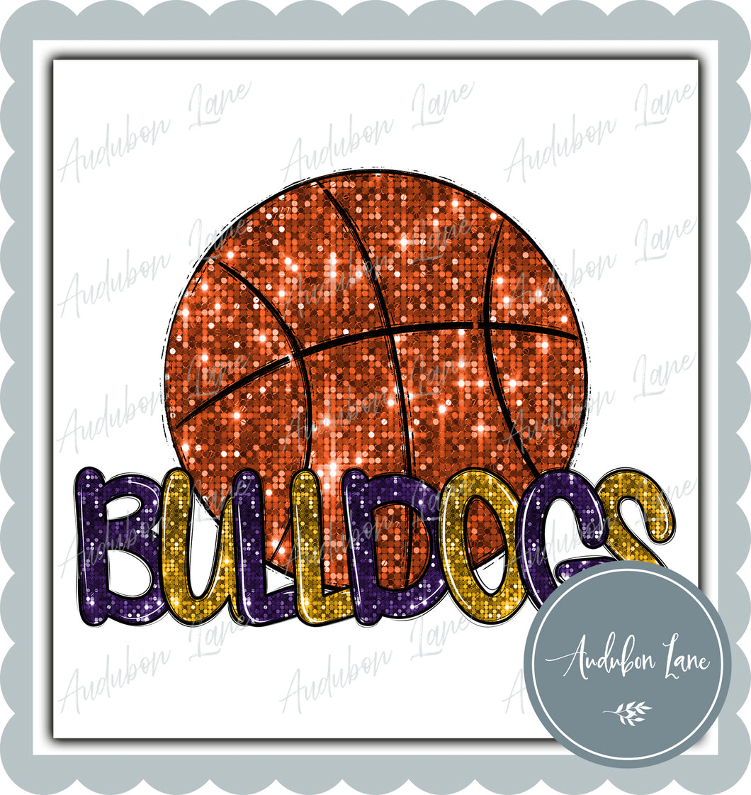 Bulldogs Purple and Gold Faux Sequin Basketball with Mascot Print Ready To Press DTF Transfer Custom Colors Available On Request