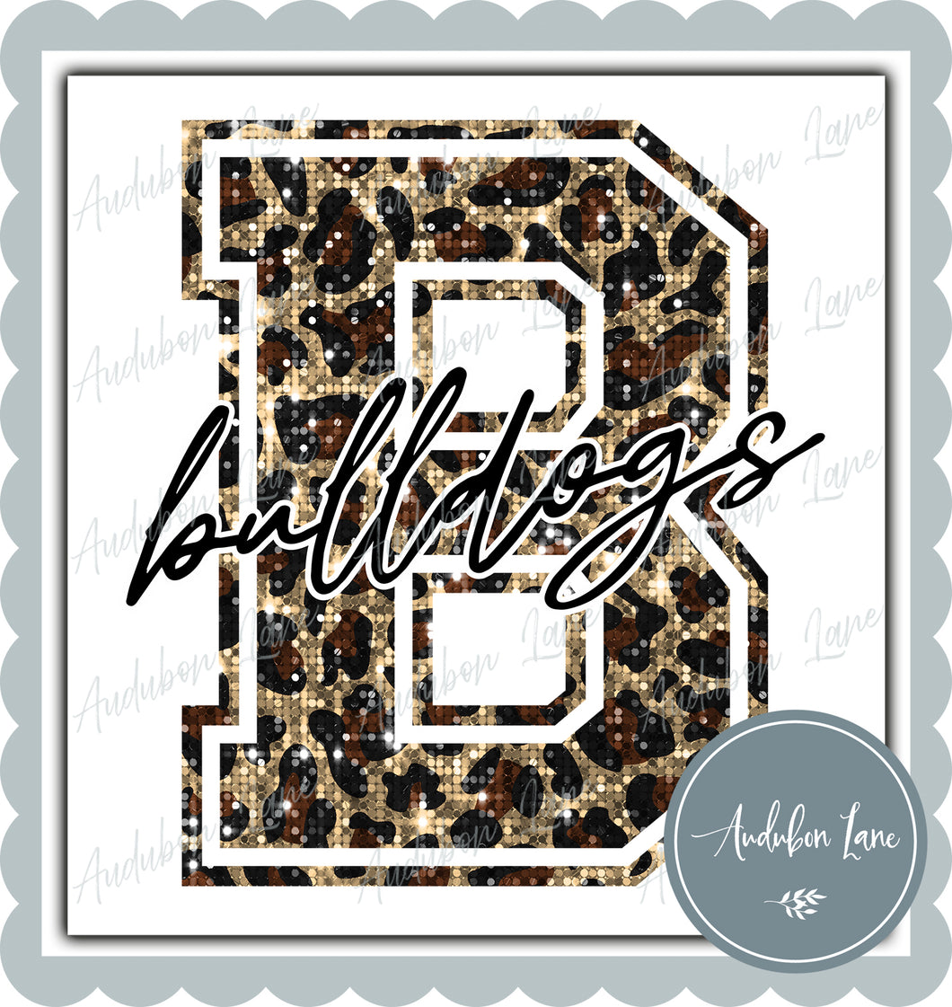 Bulldogs Sequin Leopard Mascot Letter Ready to Press DTF Transfer Customs Available On Request