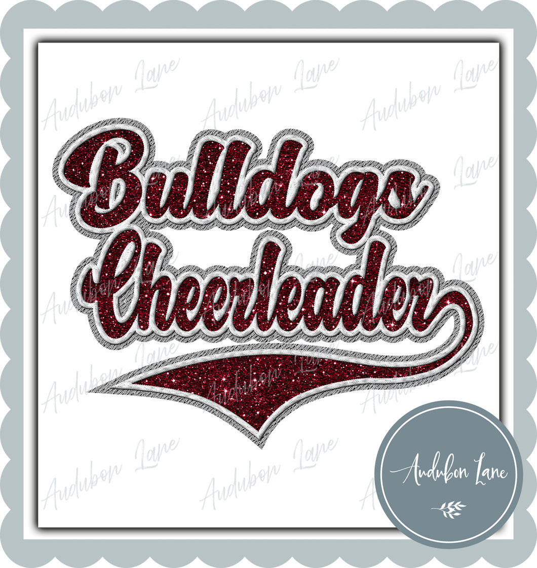 Bulldogs Cheerleader Faux Embroidery Patch Faux Maroon Glitter and White and Grey Ready To Press DTF Transfer Custom Colors Available On Request