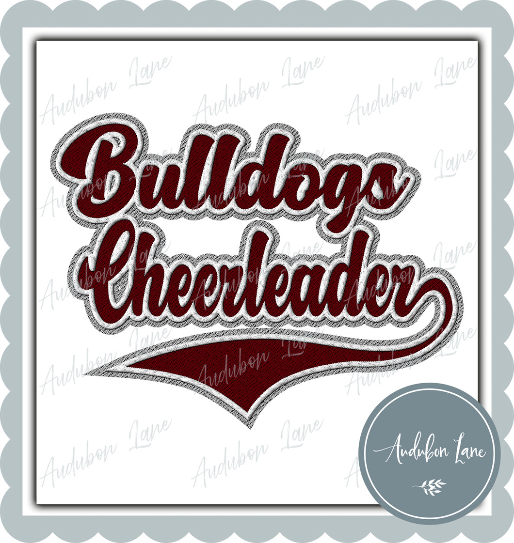 Bulldogs Cheerleader Faux Embroidery Patch Faux Maroon and White and Grey Ready To Press DTF Transfer Custom Colors Available On Request