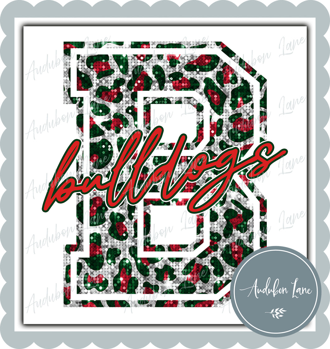 Bulldogs Christmas Sequin Leopard Mascot Letter Ready to Press DTF Transfer Customs Available On Request