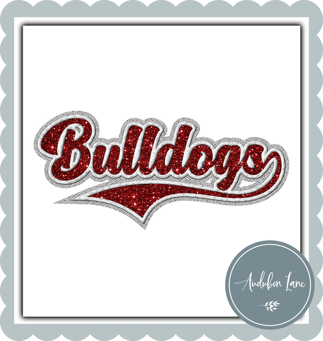Bulldogs Faux Embroidery Faux Glitter Scarlet Red and White and Lt Grey Ready To Press DTF Transfer