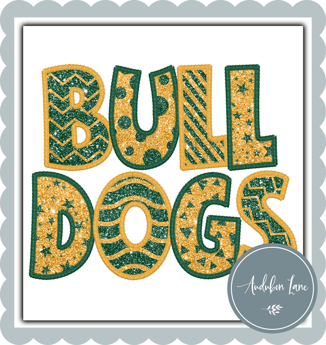 Bulldogs Stacked Faux Glitter and Embroidery Med Green and Gold