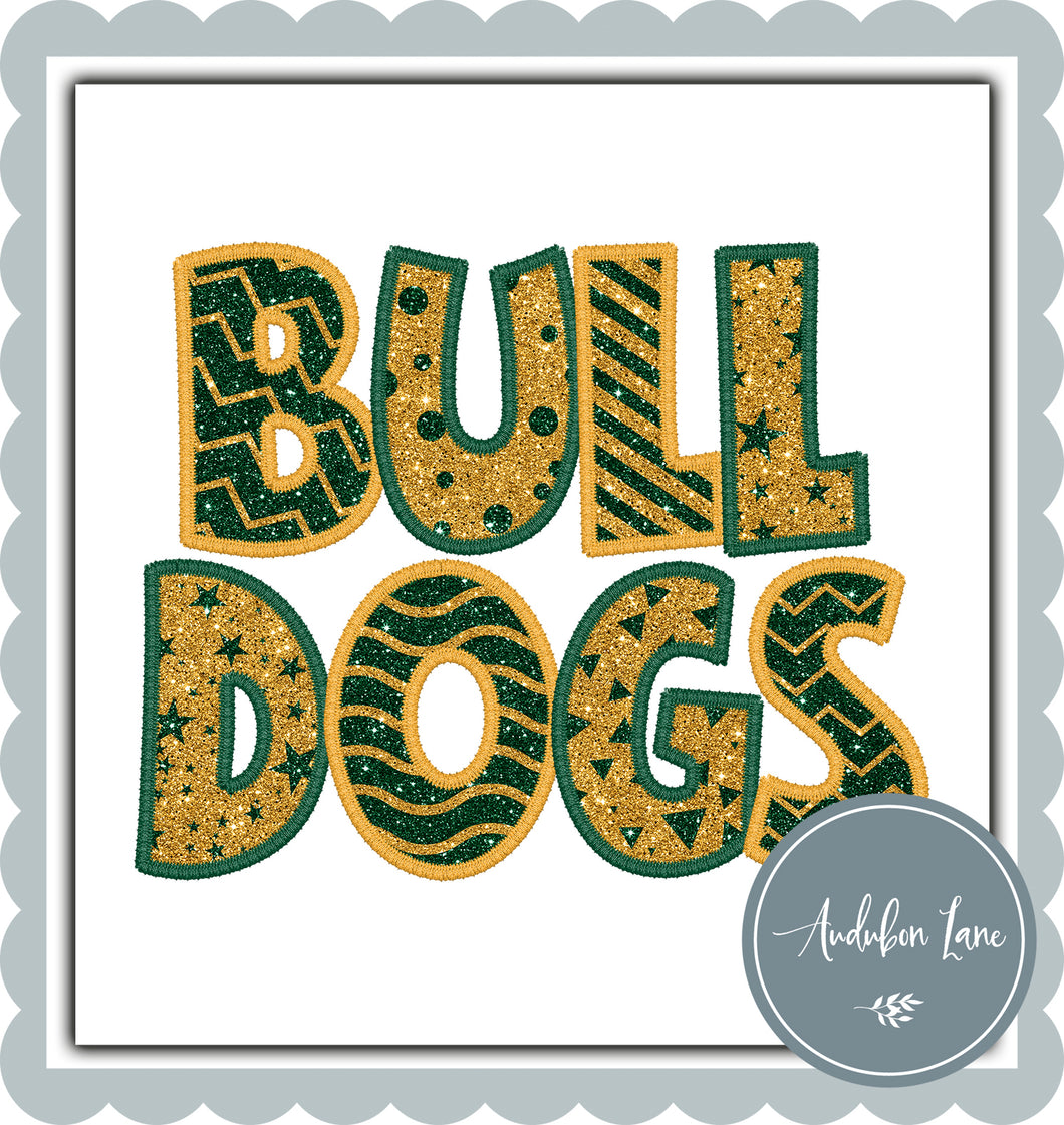 Bulldogs Stacked Faux Glitter and Embroidery Dk Green and Yellow Gold