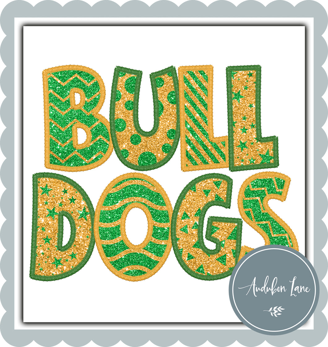 Bulldogs Stacked Faux Glitter and Embroidery Green and Gold