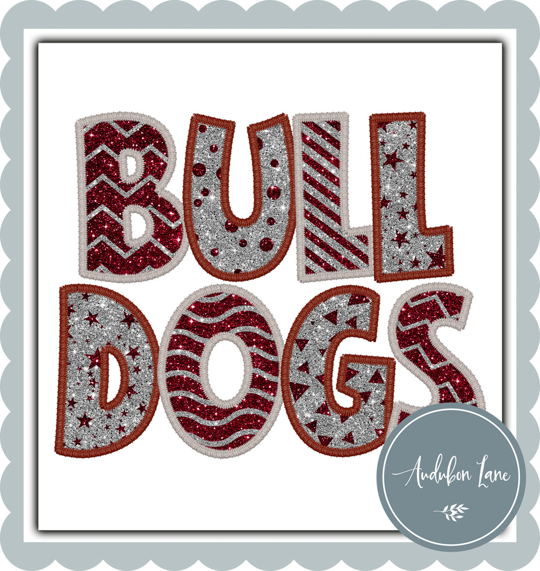 Bulldogs Stacked Faux Glitter and Embroidery Maroon and Lt Grey Silver