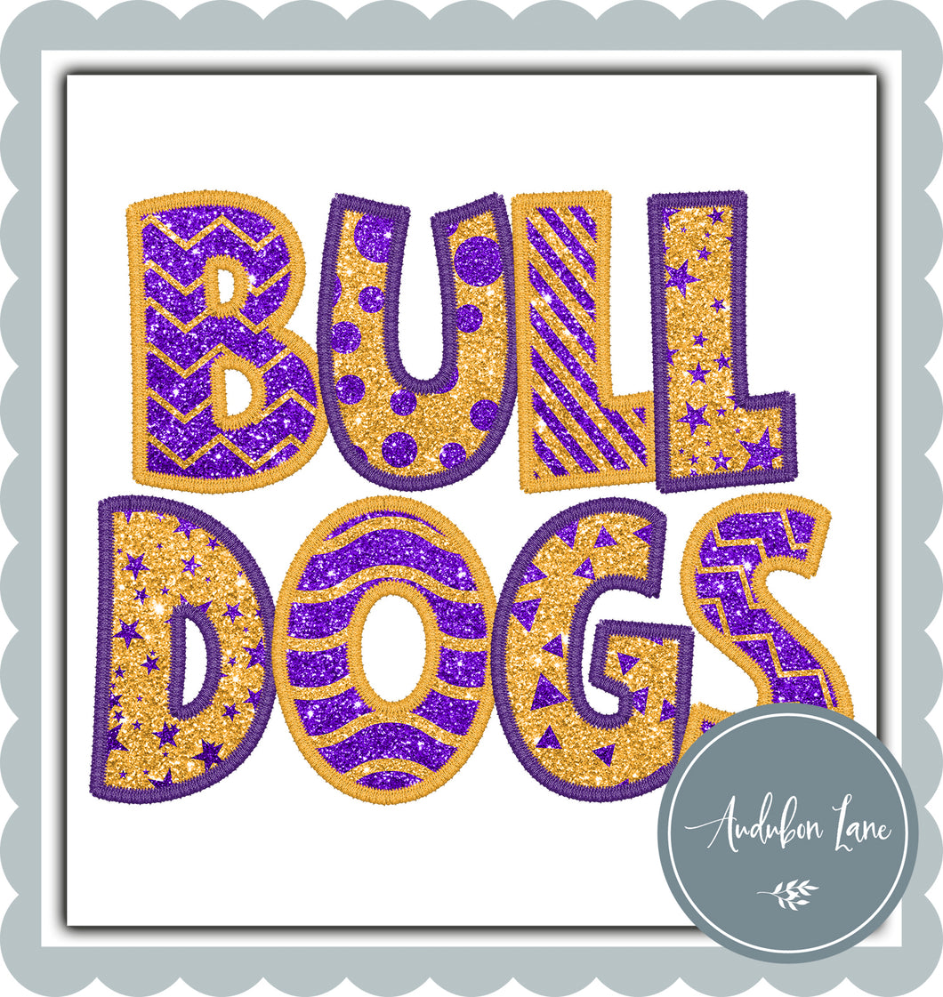 Bulldogs Stacked Faux Glitter and Embroidery Purple and Gold