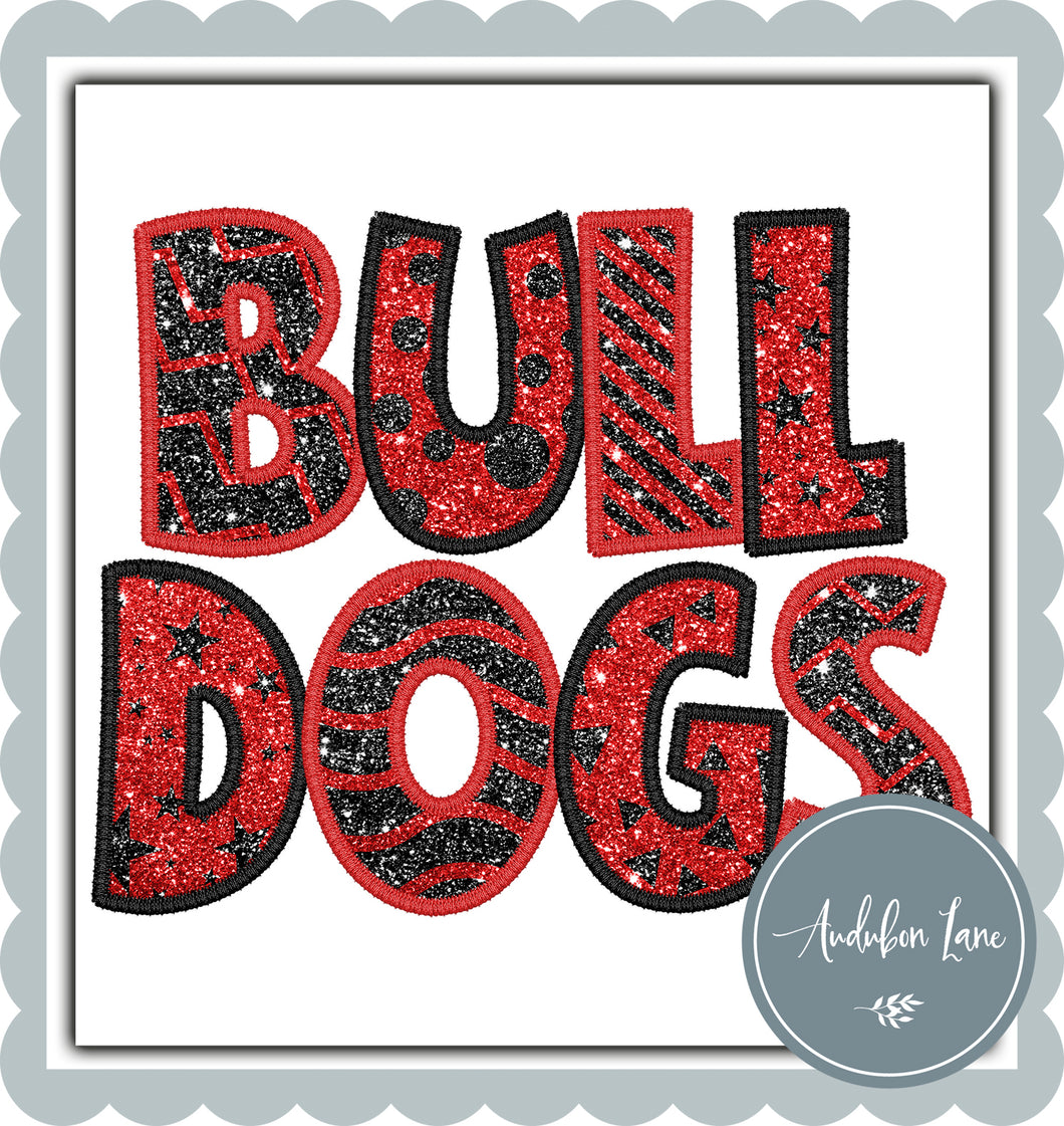 Bulldogs Stacked Faux Glitter and Embroidery Black and Red