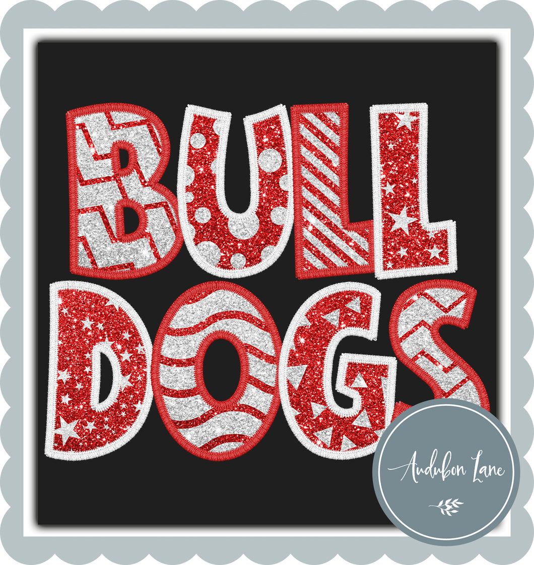 Bulldogs Stacked Faux Glitter and Embroidery White and Red