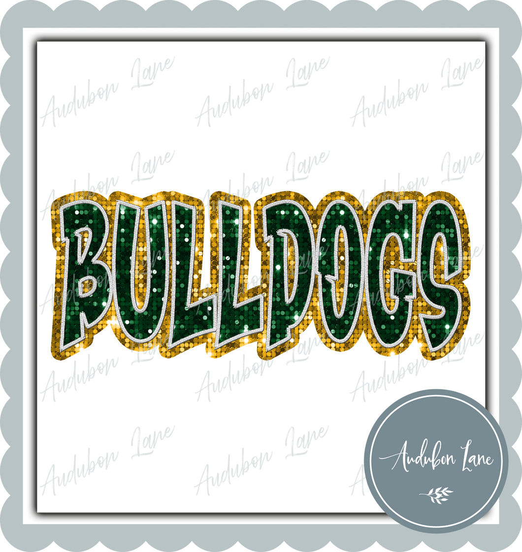 Bulldogs Graffiti Style Sequin Dk Green and Yellow Gold Mascot Ready to Press DTF Transfer Customs Available On Request