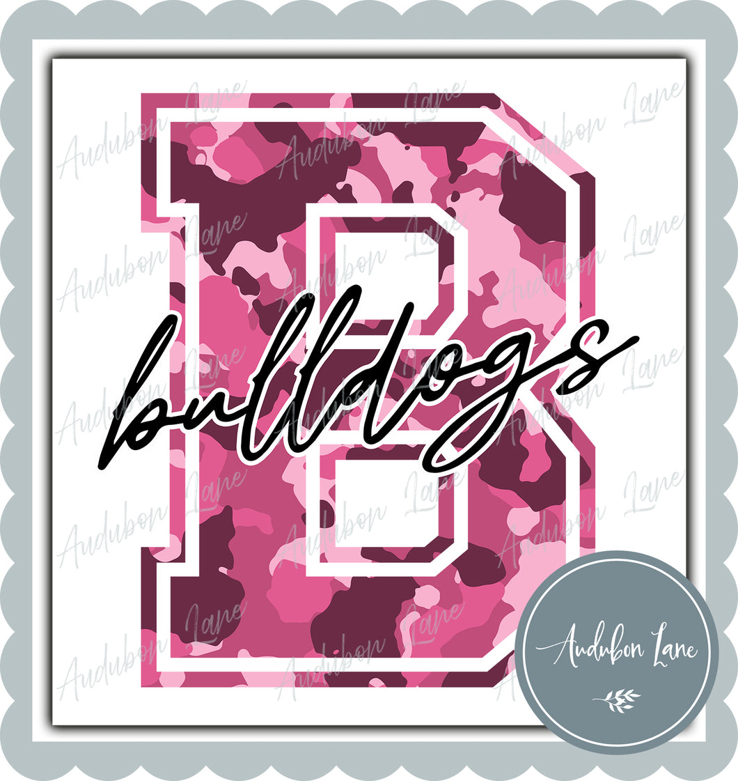 Bulldogs Breast Cancer Awareness Pink Camo Mascot Letter Ready to Press DTF Transfer Customs Available On Request