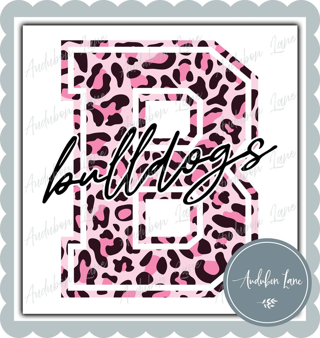 Bulldogs Breast Cancer Awareness Pink Leopard Mascot Letter Ready to Press DTF Transfer Customs Available On Request