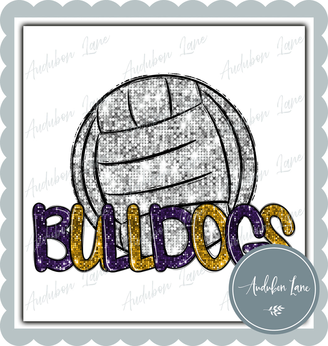 Bulldogs Purple and Gold Faux Sequin Volleyball with Mascot Print Ready To Press DTF Transfer Custom Colors Available On Request