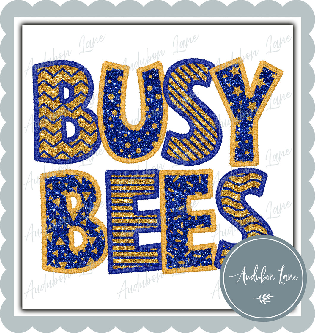 Busy Bees Stacked Faux Glitter and Embroidery Royal Blue and Yellow Gold Shapes Ready To Press DTF Transfer Custom Colors Available On Request