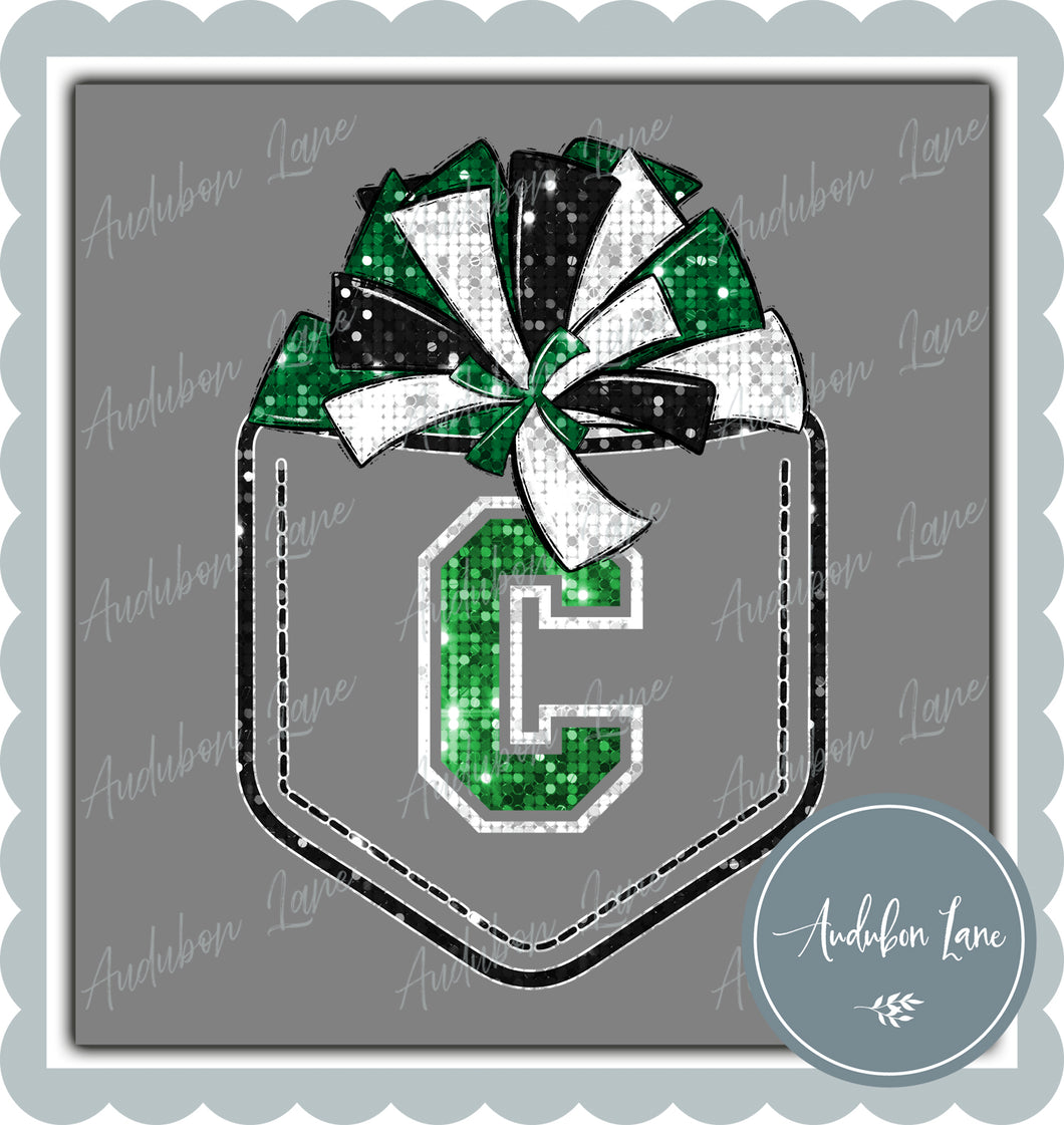 C Green and White Faux Sequin Pocket Pom Print Ready To Press DTF Transfer Custom Colors Available On Request