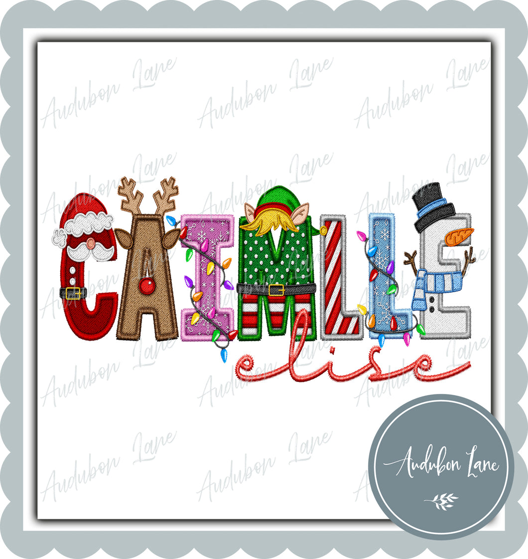 Personalized Christmas Faux Embroidery Name with Embroidery Script Print Ready To Press DTF Transfer Custom Requests Available
