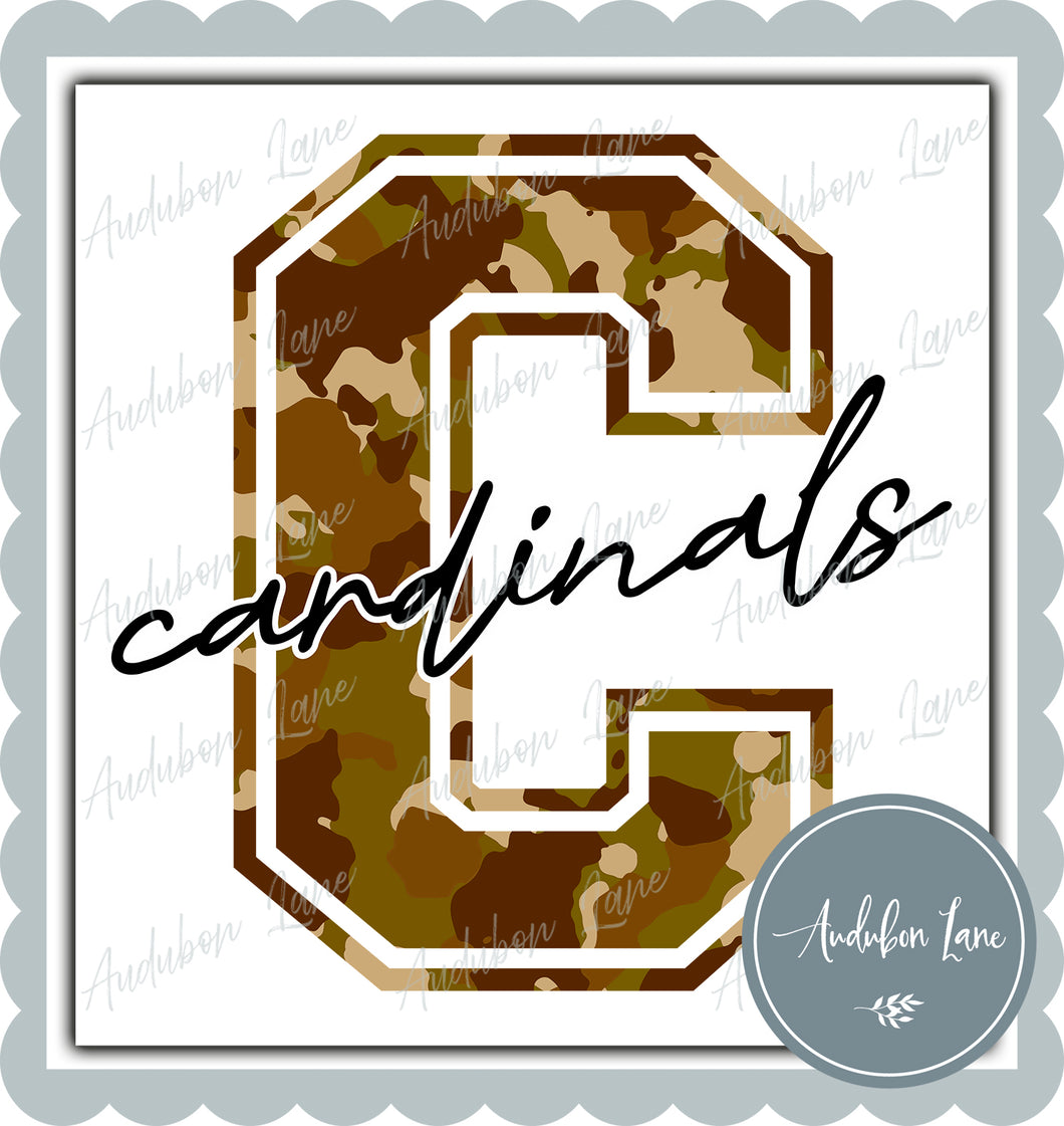 Cardinals Old School Camo Mascot Letter Ready to Press DTF Transfer Customs Available On Request