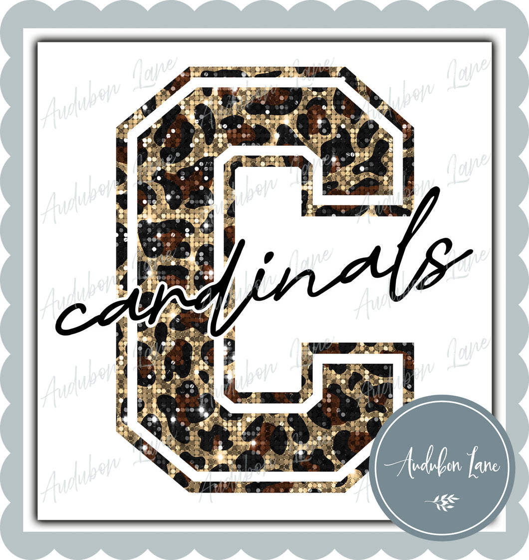 Cardinals Sequin Leopard Mascot Letter Ready to Press DTF Transfer Customs Available On Request