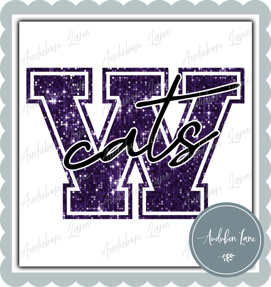 W with Cats Faux Purple Sequin Mascot Letter Ready to Press DTF Transfer Customs Available On Request