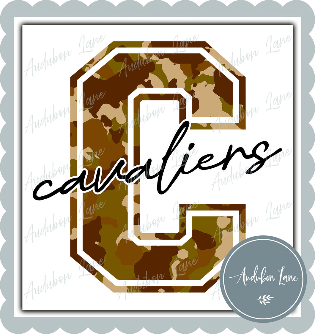 Cavaliers Old School Camo Mascot Letter Ready to Press DTF Transfer Customs Available On Request