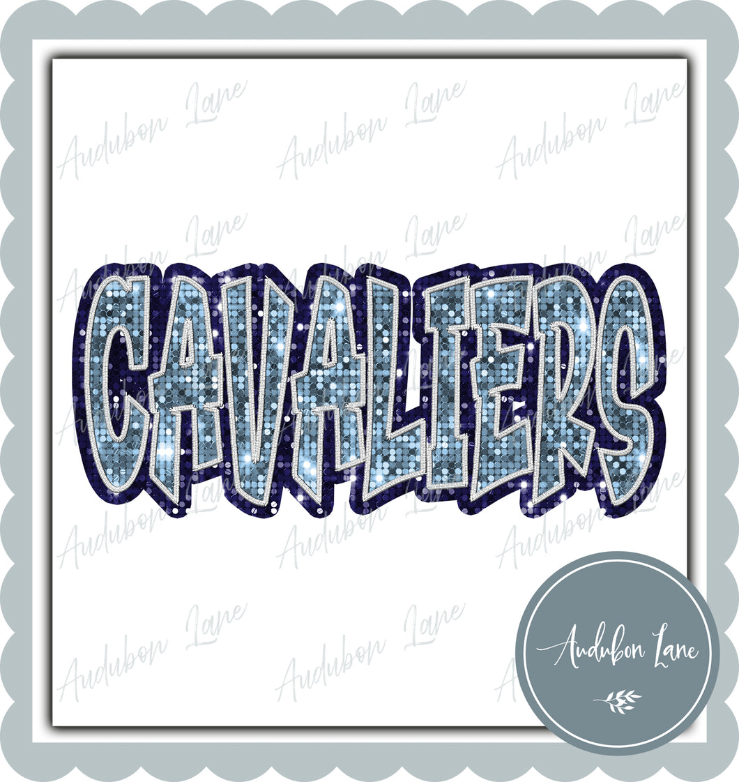 Cavaliers Graffiti Style Sequin Lt Blue and Navy Mascot Ready to Press DTF Transfer Customs Available On Request