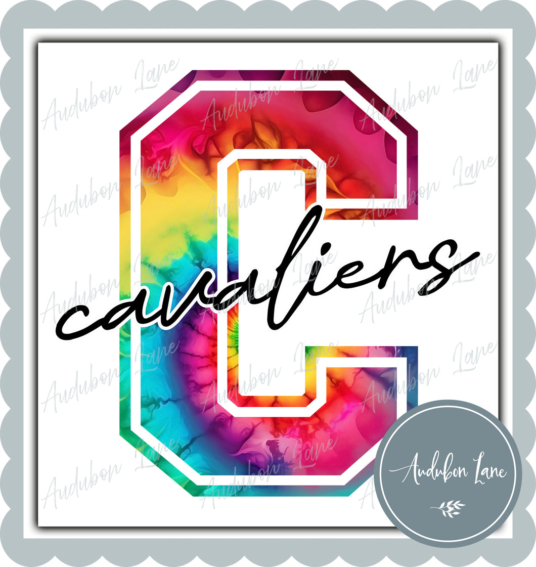 Cavaliers Rainbow Tie Dye Mascot Letter Ready to Press DTF Transfer Customs Available On Request
