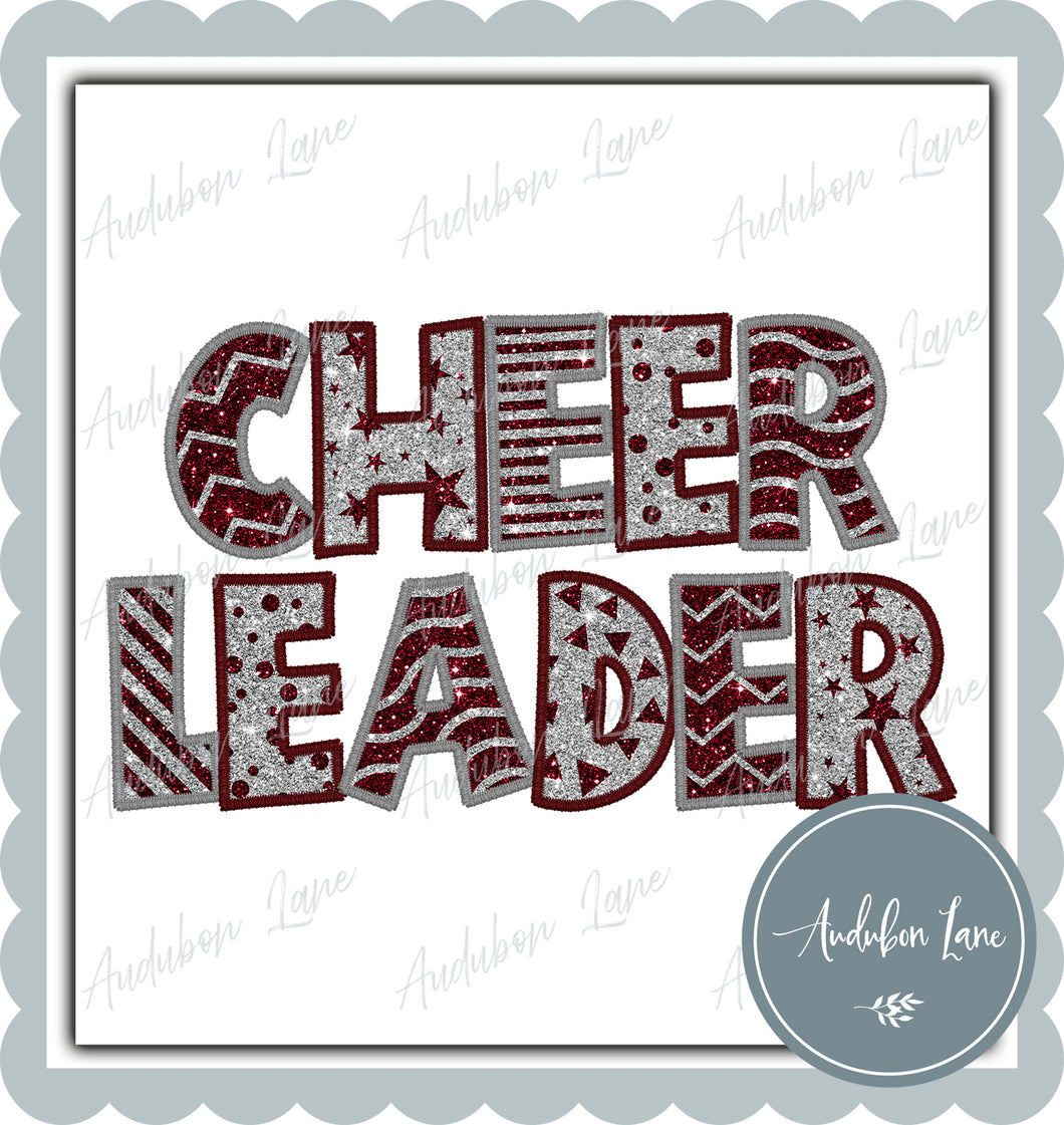 Cheerleader Stacked Faux Glitter and Embroidery Maroon and Silver Shapes Ready To Press DTF Transfer Custom Colors Available On Request