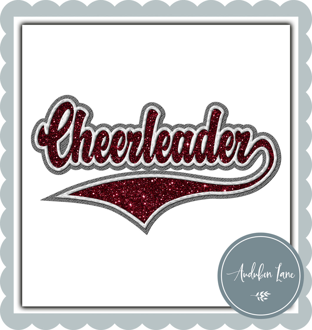 Cheerleader Faux Maroon Glitter and White and Lt Grey Embroidery