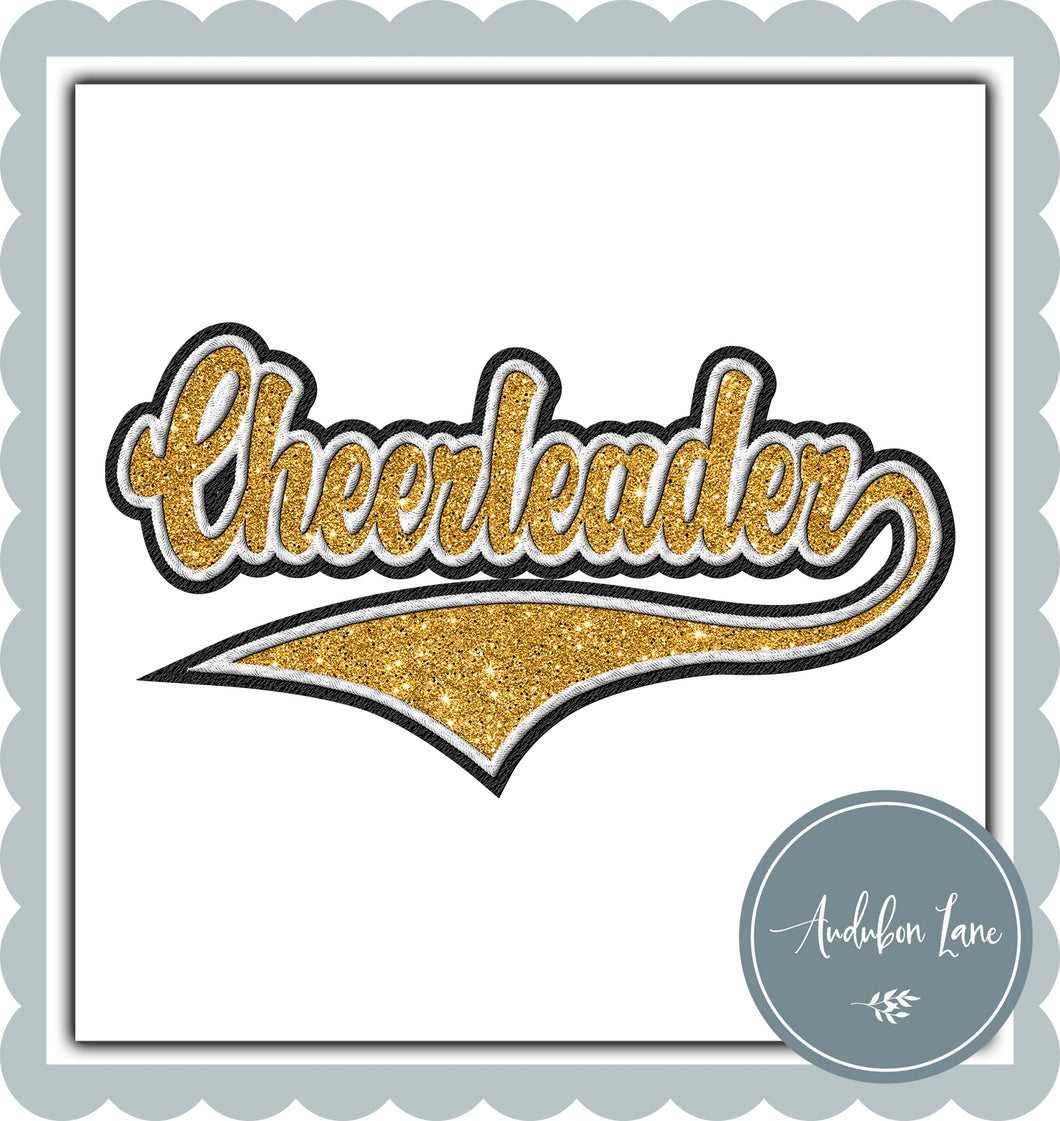 Cheerleader Faux Yellow Gold Glitter and White and Black Embroidery