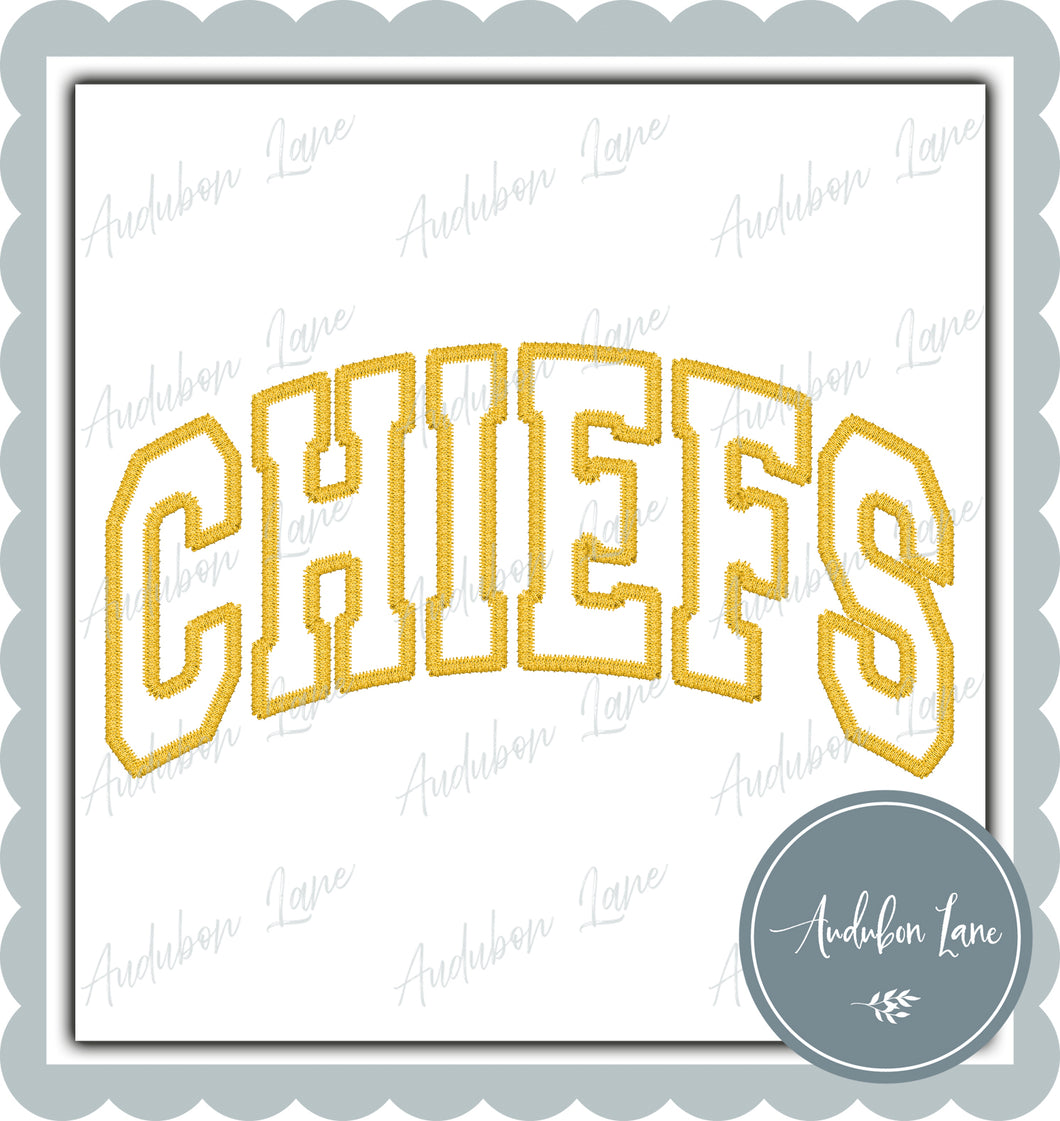 Chiefs Faux Yellow Gold Arched Embroidery Ready To Press DTF Transfer Custom Colors Available On Request